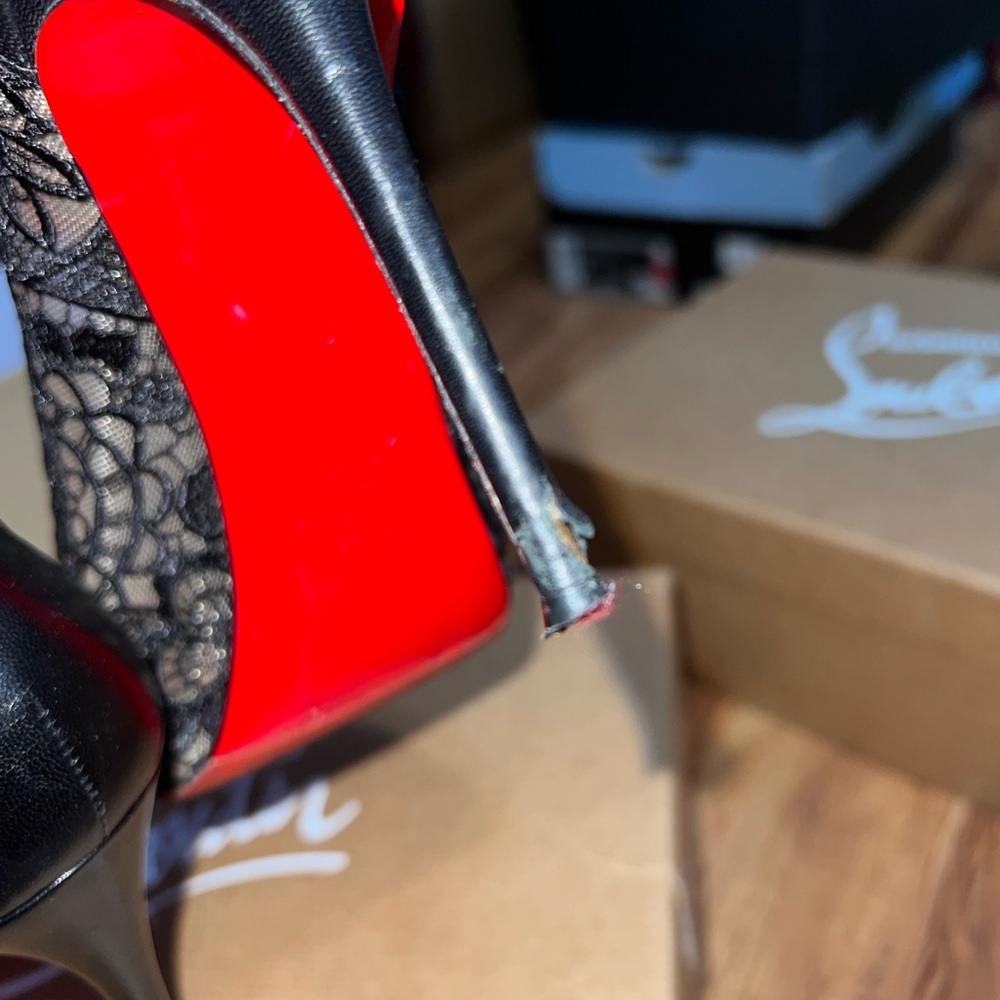 Christian Louboutin Black Lace Peep-Toe Stilettos - Picture 7 of 11